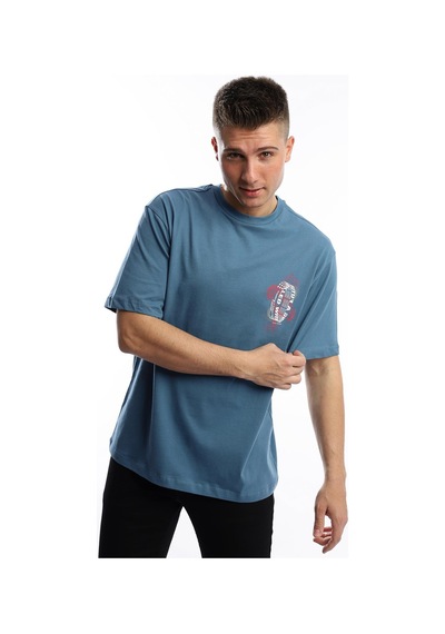 Erkek Oversize Fit Ön Arka Baskılı Basic Tişört İndigo