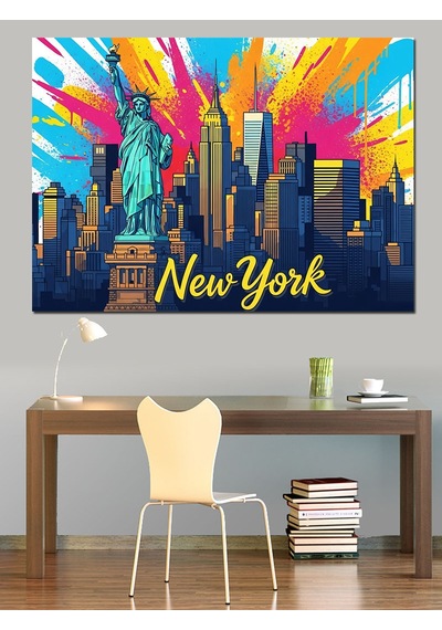 Renkli New York Özgürlük Heykeli Dekoratif Kanvas - Mdf Ahşap Tablo