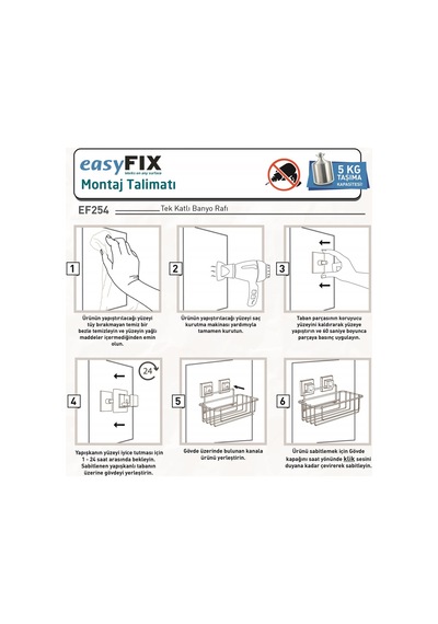 Tenotel Easyfıx Yapışkanlı Tek Katlı Banyo Rafı Krom Ef254