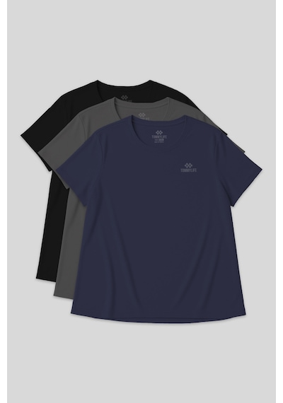 Tommylife Rahat Form 3lü Paket Siyah-indigo-koyu Gri Battal Kadın T-shirt - 97308 Mavi - Gri