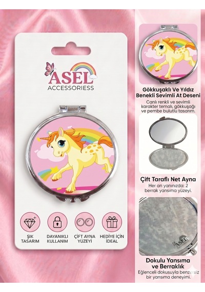 Sevimli Karakter Ve Unicorn Tasarımlı Çift Taraflı Katlanabilir Metal Cep Aynası - 9 Farklı Model Ab Rengi