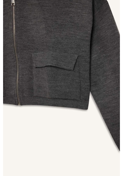 DeFacto Regular Fit Kapüşonlu Basic Düz Fermuarlı Triko Hırka E2270AXNSGR105 Gri
