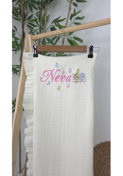 Gros Shop Müslin Yeni Doğan 4katlı Organik %100pamuk Kişiye Özgü Nakışlı Hastane Çıkış Seti Nota Model Ekru