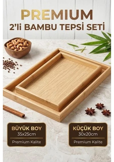 2li Bambu Ahşap Sunum Ve Dekoratif Organizer Tepsi Seti
