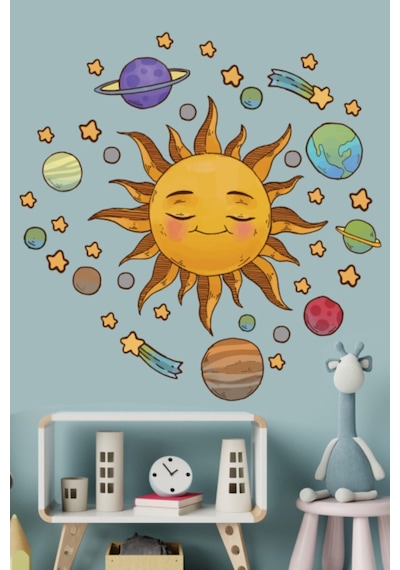 Güneş Sistemi ve Uzay Duvar Sticker Sulu Boya Renkler