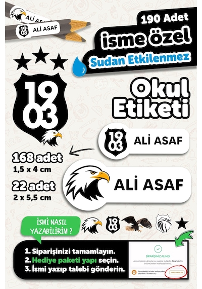 Okul Etiketi Kalem Defter İsimli Etiket Isim Yazılabilen Kartal - 190 Adet Özel Tasarım Etiket Çok Renkli