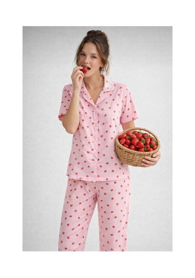 Rindahomewear Pamuklu Örme Kumaş Çilek Desenli Düğmeli Pijama Takım Çilek Baskılı