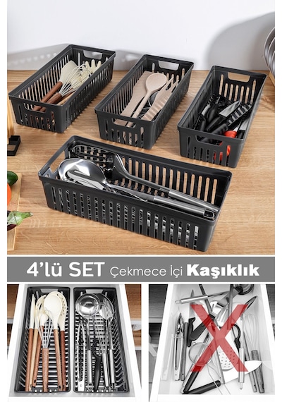 4'lü Modüler Kaşıklık Seti - Mutfak Düzenleyici Çekmece İçi Organizer Bıçaklık Kepçelik Siyah Siyah