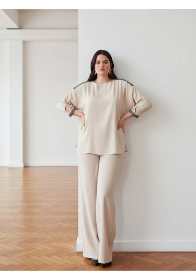 Pera Moda Büyük Beden Yakası Ve Kol Manşeti Taşlı Oversize Uzun Gömlek Taş