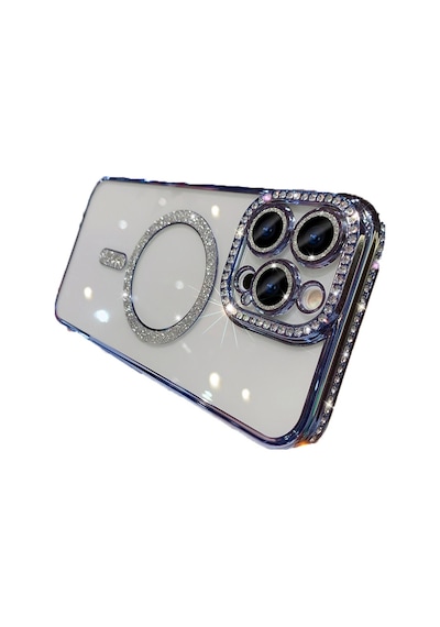 Apple Uyumlu iPhone  15 Pro Kılıf Simli Magsafe Kamera Kenar Taşlı Kapak
