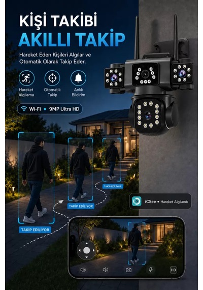 İcsee 9002 9mp 3 Lens Wifi Güvenlik Kamerası, Motorlu Gece Görüşlü Dış Mekan Kamera, 32gb Kart Ve Adaptör