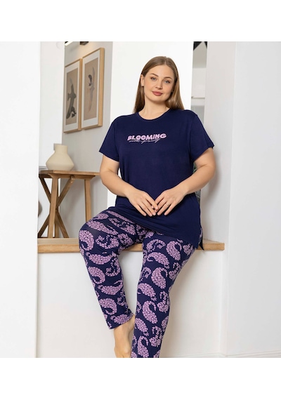 Aydoğan Kadın Pijama Takımı Kısa Kol Büyük Beden Battal Lacivert