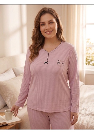 Büyük Beden Uzun Kol Pamuklu Likralı İnterlok Kumaş Pijama Takımı 8739 Pembe