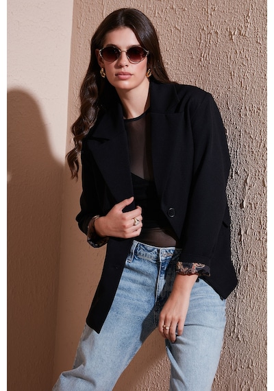 Lela Regular Fit Mono Yaka Desenli Astar Detaylı Blazer Bayan Ceket 6524430 Siyah