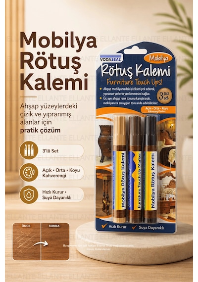 Mobilya Rötuş Kalemi 3'lü Set Ahşap Çizik Giderici Tamir Kalemi Açık, Orta Ve Koyu Kahverengi