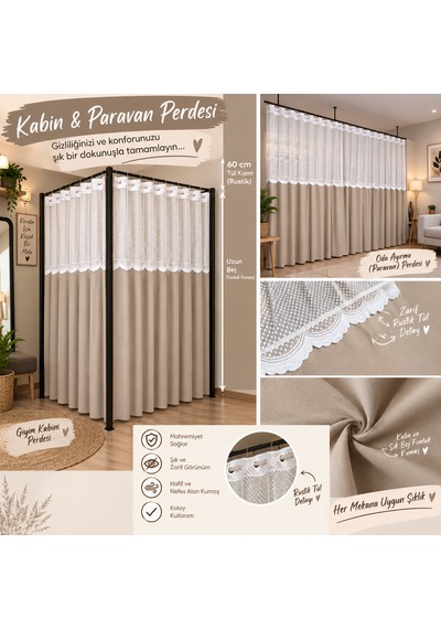 Kuzucuk Home Karesi Kabin Perdesi & Paravan Perdesi Bej