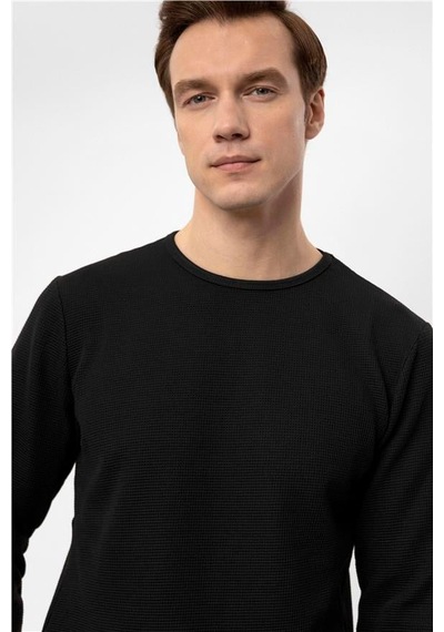 Süvari Siyah Slim Armürlü Bisiklet Yaka Sweatshirt Siyah
