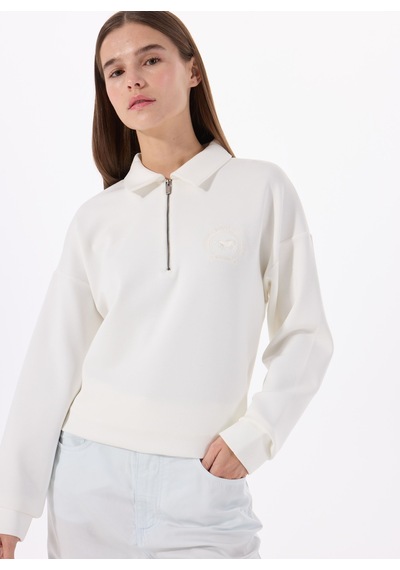 Mustang Ekru Kadın Fermuarlı Loose Fit Nakışlı Sweatshirt M5sl-swt1645