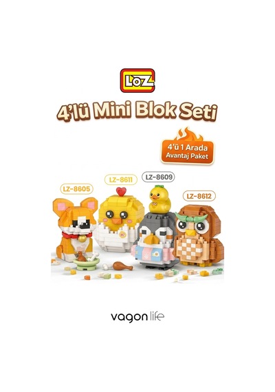 Loz Micro Block 4'lü Sevimli Hayvan Seti 4 Farklı Model Dekoratif Oyuncak Yapım Seti Yapı Blok Seti