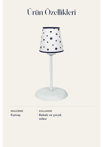 Bebek ve Çocuk Odası Konik Kumaş Abajur Masa Lambası Beyaz Lacivert Yıldız
