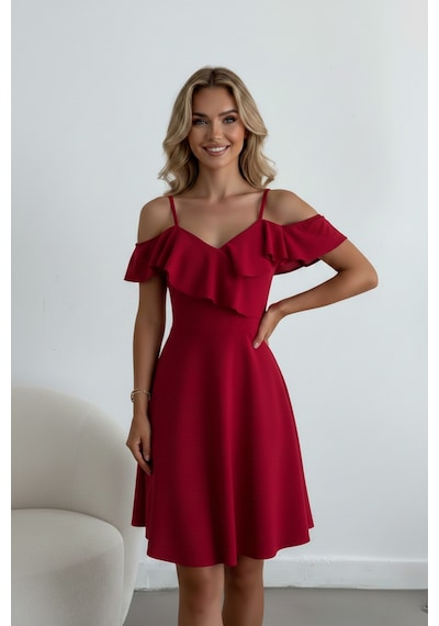 Defymoda Kadın Kısa Boy Zarif Tasarım Şık Elbise Bordo