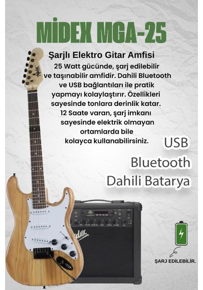 Midex Rph-320wd-25amp Ahşap Renk Strat Kasa Sss 25w Amfili Elektro Gitar Seti