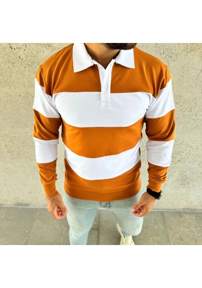 Erkek Polo Yaka Uzun Kollu Çizgili Sweatshirt Trend Rugby Stil - Turuncu Turuncu