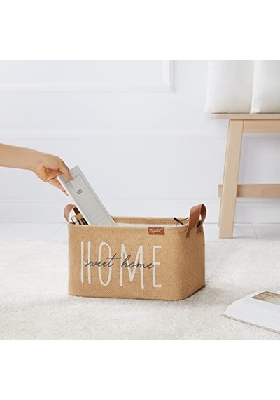 Ocean Home Textile Home Sweet Home Baskılı Dikdörtgen Jüt Sepet //30x21x18 Açık Bej