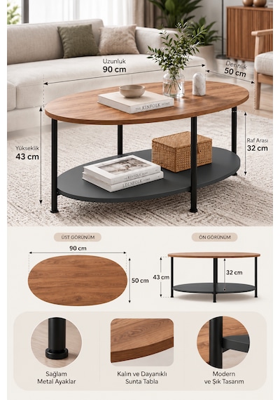 Oval Orta Sehpa 90 Cm İki Katlı Raflı Metal Ayaklı Modern Dekoratif Salon Sehpası Çam - Antrasit Oval Orta Sehpa 90 Cm İki Katlı Raflı Metal Ayaklı Modern Dekoratif Salon Sehpası Çam - Antrasit