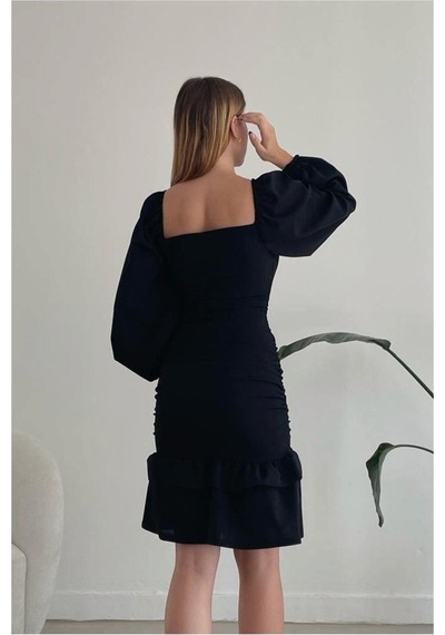 DefyModa Kadın Günlük Kare Yaka Büzgülü Uzun Kollu Abiye Elbise Siyah
