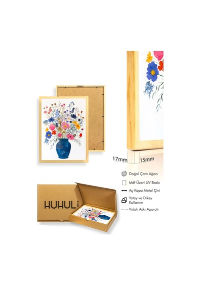 Doğal Ahşap Çerçeveli Retro Çiçek Tablo - Pastel Tonlarda Bahar Buketi Huhu2443