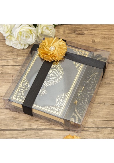 Hediyelik Kuran-ı Kerim, İnci Tesbih, Seccade, Asetat Kutulu 25x18 Cm Mevlid Paketi-siyah Çok Renkli