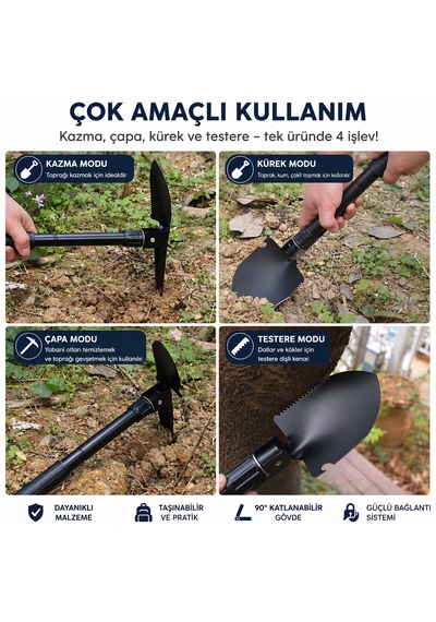 Katlanır Kamp Küreği 3 Ü 1 Arada Çok Amaçlı Kazma Çapa Testere Çok Amaçlı El Aleti