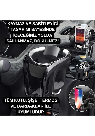 Coofbe Premıum 2in1 Araç İçi Bardak Tutucu Telefon Tutucu Araç Havalandırma Bardak Tutucu Sarsılmaz Siyah