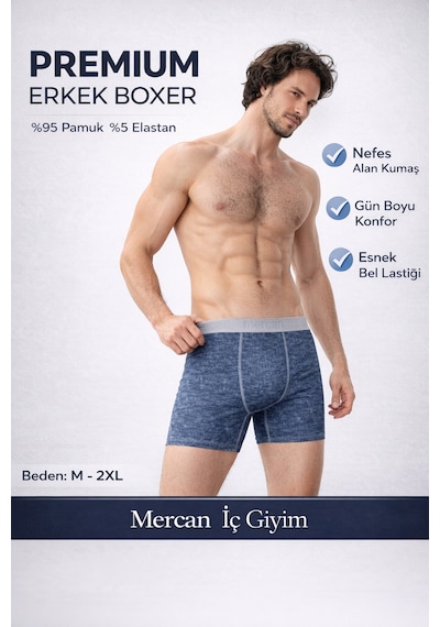Mercan Dikey Çizgili Pamuklu Boxer - Esnek Kumaş, İz Yapmayan Bel Lastiği Lacivert