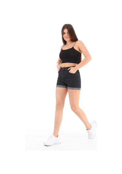 Cedy Denim Kadın Yüksek Bel Duble Paça Kot Şort Klasik Mini Jean Şort C604 Antrasit