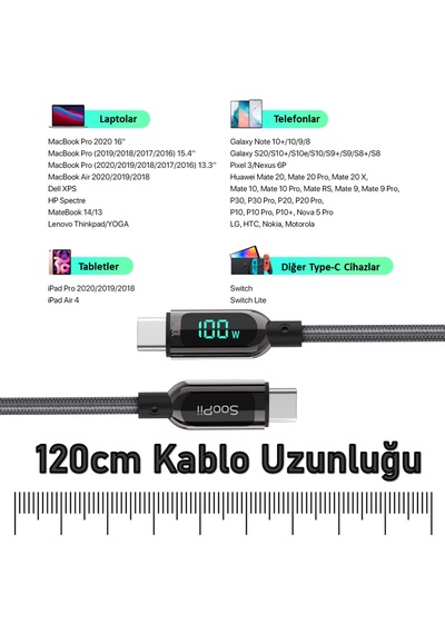 SooPii S10CC PD 100W Led Ekranlı Type-C to Type-C Data Şarj Kablosu