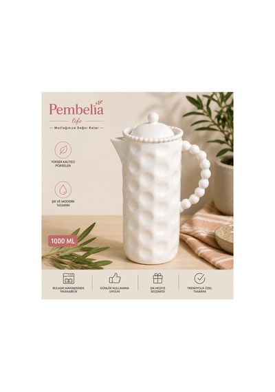 Beyaz Porselen 1000 Ml Yağdanlılk Sütlük Sürahi Beyaz