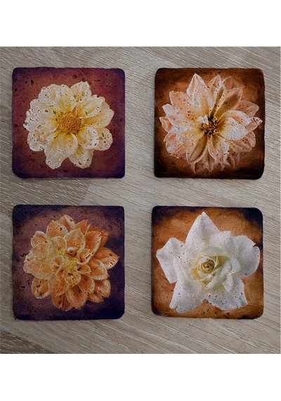 Lotus Ve Gül Doğal Taş Bardak Altlığı 4'lü Set - Natural Stone Coasters - Taş Kahverengi