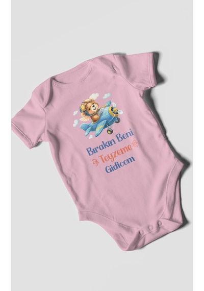 Morivokids Bırakın Beni Teyzeme Gideceğim Kısa Kollu Bebek Body %100 Pamuk Koyu Pembe