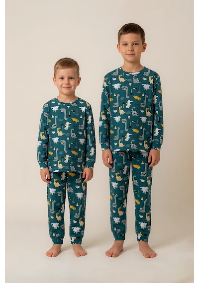 Zuzunga Erkek Çocuk %100 Pamuk Süprem Kumaş Uzun Kollu Mevsimlik Pijama Takımı Haki
