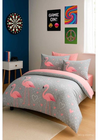 Flamingo Desenli Pamuklu Tek Kişilik Nevresim Takımı Çok Renkli