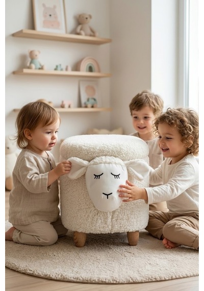 Argimo Mellow Kuzu Figürlü Bebek Çocuk Odası Sandıklı Puf Beyaz