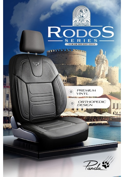 Siyah - Gri Panda Rodos Serisi Deri Ortopedik Oto Koltuk Kılıfı - Tam Set