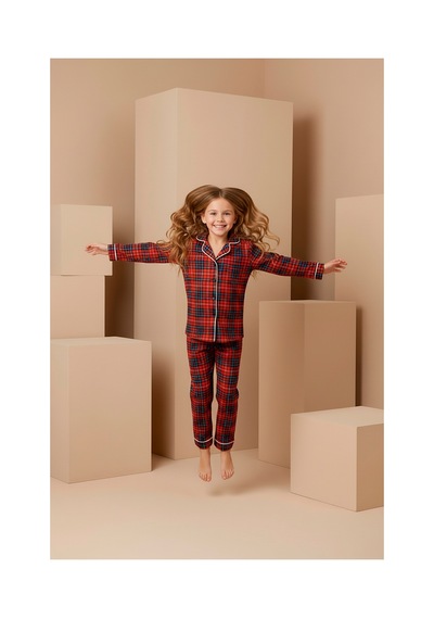 Rindahomewear Anne-kız Kırmızı Ekose Desenli Örme Düğmeli Uzun Kollu Pijama Takımı Kırmızı
