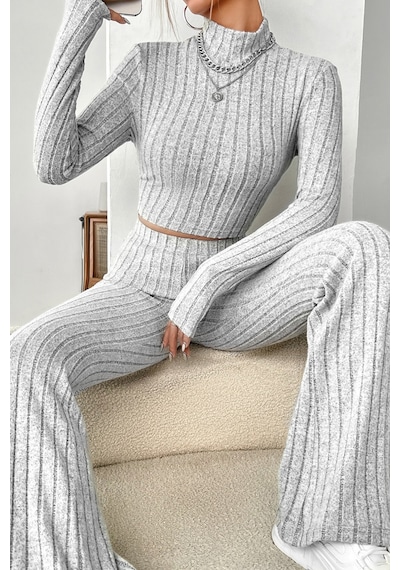 Veraura Lifestyle Kadın Gri Çizgili Boğazlı Crop Top Ve Yüksek Bel Pantolon Takım