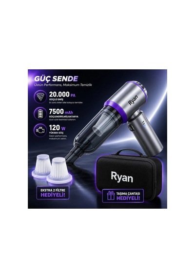 Bagajon Ryan 20.000 Pa 7.500 Mah Araç Süpürgesi 120w Fırçasız Motor, Üfleme & Vakum, Çantalı