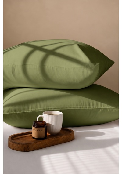 Yeşil Renkli Pamuklu Ranforce Kumaş Kapaklı Yastık Kılıfı 2 Adet 50x70 Cm