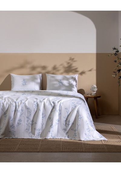 Maria King Size %100 Pamuk Karde Baskılı Pike Takımı - Mavi 8684427310571 Çok Renkli