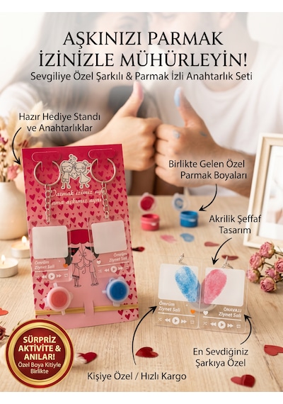 Sevgiliye Özel Parmak İzi Ve Şarkı Tasarımlı İkili Anahtarlık Seti - Parmak Boyası Hediyeli Sevgililer Günü Hediyesi Beyaz - Gri